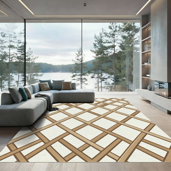 ODIKA 4'x6' Machine Washable Non-Slip Area Rug, Geometric Tan High Traffic Rug, Beige, 999822