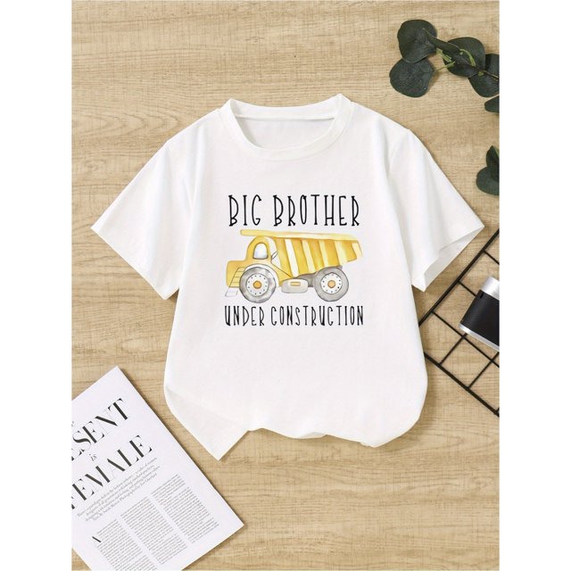 T-shirts à Manches Courtes Imprimé Grand Frère sous CONSTRUCTION pour Garçons, T-Shirt en Coton Col Rond Décontracté, T-Shirt Confortable et Respirant