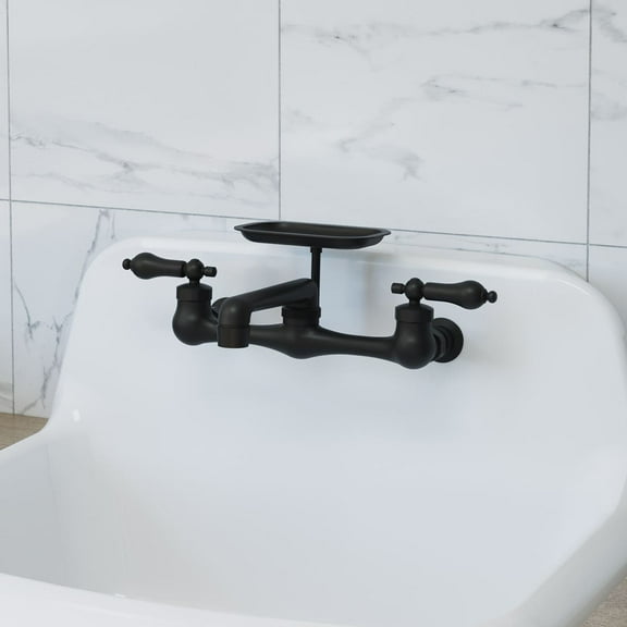 Wall Mount Utility Faucet with Soap Tray - Swivel Spout - Metal Lever Handles - Matte Black