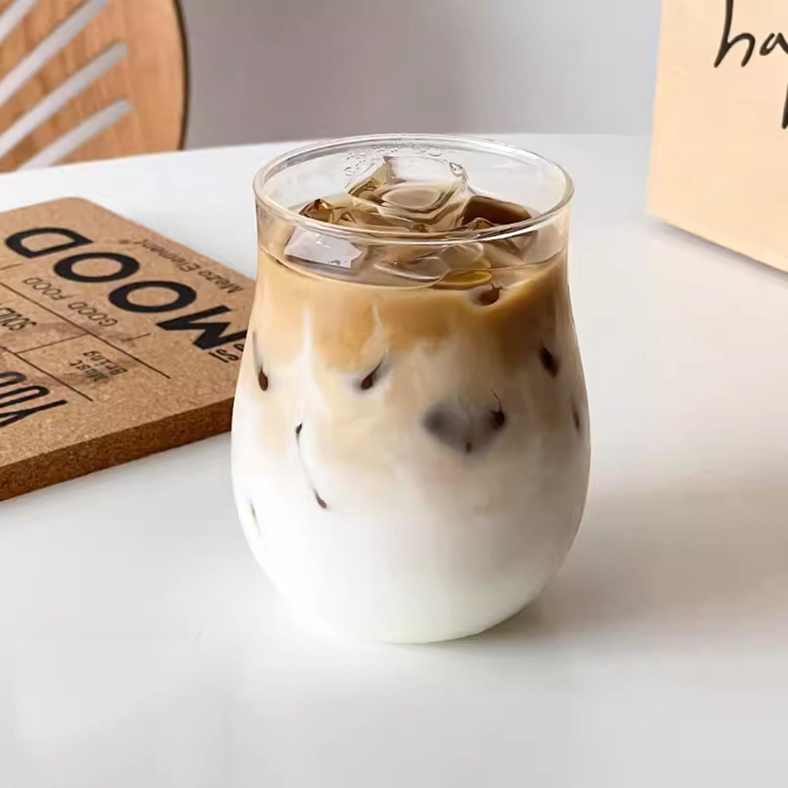 Cute Wine Glasses for Iced Coffee Juice 12oz Tulip Shape Vintage Drinking Glassware  for Iced Coffee Juice Beverage Milk A