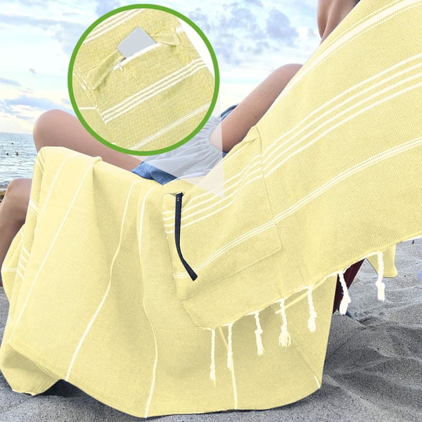 Toalla de playa grande 59x39 pulgadas | Toalla de baño de microfibra a rayas sin arena con bolsillo con cremallera | Absorbente ligero de secado rápido | Borlas ribeteadas | Para viajar, piscina