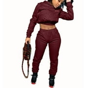 Akmipoem Jogging Suits for Women 2 Piece Sweatsuits Tracksuits Outfits Sexy Long Sleeve Crop Hoodie Bodycon Pants Sets Wine Red XXL