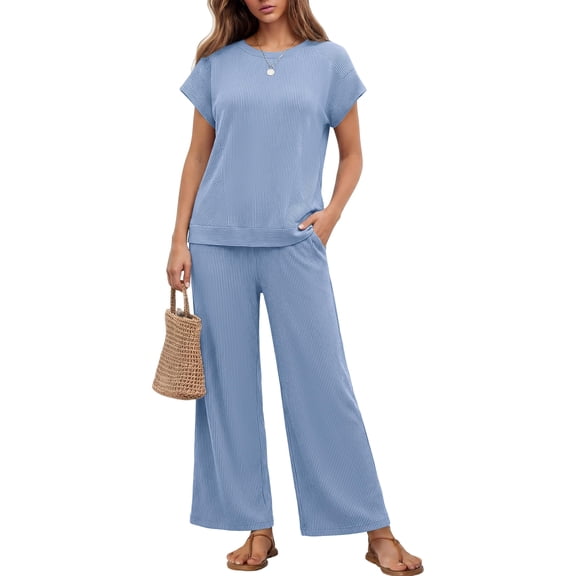 Ekouaer Two Piece Sets for Women 2026 Travel Outfits Short Sleeve Top Wide Leg Pants Rib Tracksuits Summer Fashion Lounge Set