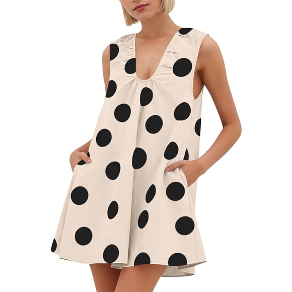 Daiosportswear Women'S Sleeveless Babydoll Tank Mini Polka Dot Dress Scoop Neck Ruched Short Dress with Pockets, Women'S Short-Sleeved Sundress Beige XL(XL)