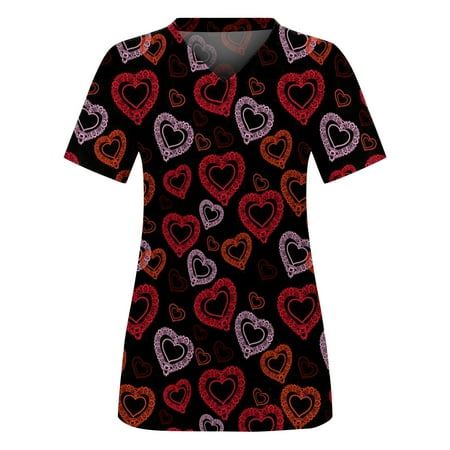 

Frostluinai Valentine Pattern Scrub Tops Women Short Sleeve Nurse Scrubs Working Uniform Pattern Nursing T-Shirt With Pockets
