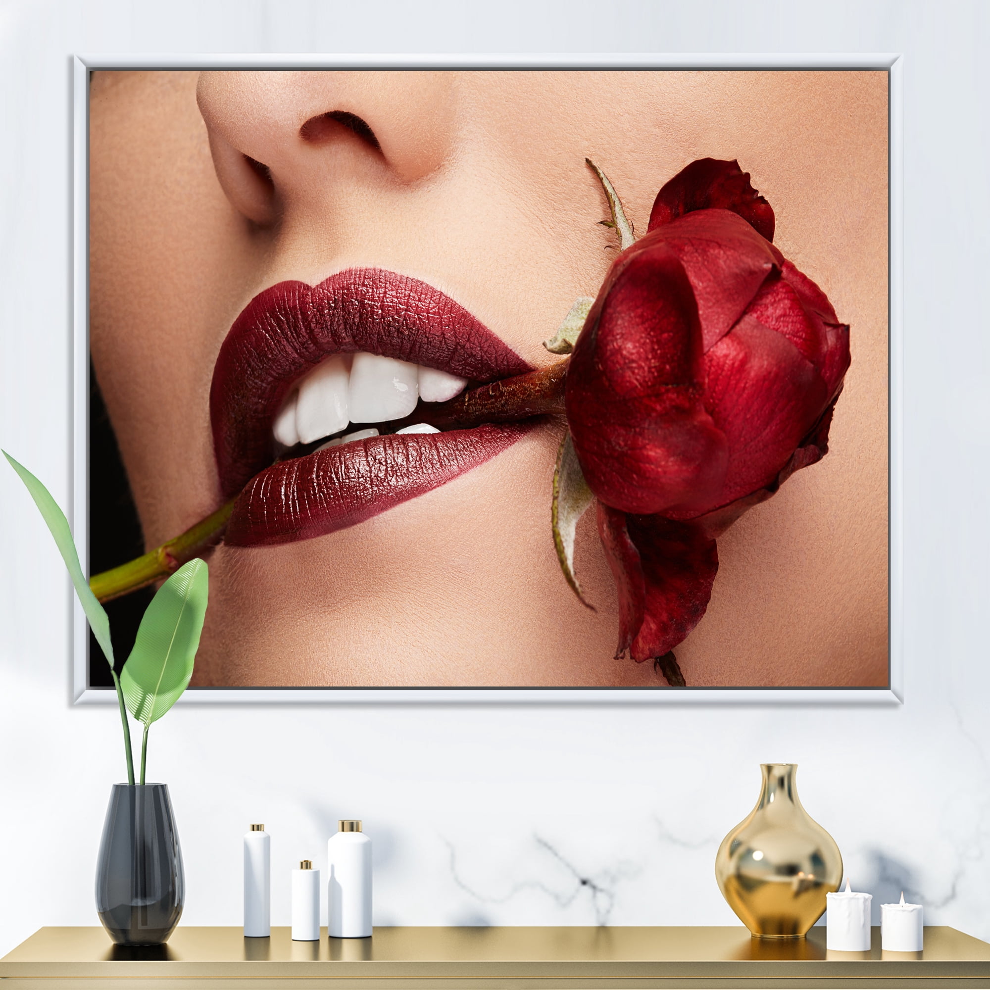 Designart 'Girl With Red Lipstick Holding A Rose In Mouth' Modern Framed Canvas Wall Art Print