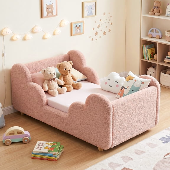 MOPHOTO Boucle Toddler Bed,Sweet Pink Child Bed for Kids with Extra Safty Broad,Certified Fabric Toddler Floor Bed,Standard Crib Size(Mattress Not Included)