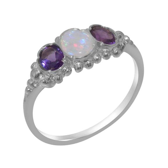 LBG British Made 9k White Gold Natural Opal & Amethyst Womens Anniversary Ring - 33 size options - Size 10