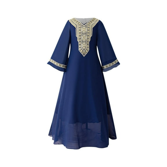 Girls Abaya Muslim Prayer Dresses Plain Baby Girls Abaya Dress Eid Maxi Dresses Kids Crewneck Long Sleeve Ramadan Prayer Abaya for Kids Muslim Girls Dress Navy 6-7 Years