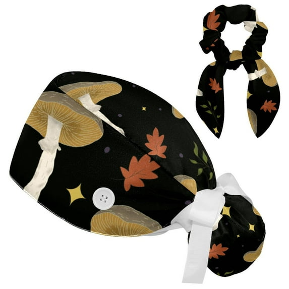 Working Cap with Buttons and Sweatband Scrub Hat Bouffant Caps with Scrunchie Mushroom Tie Back Hats