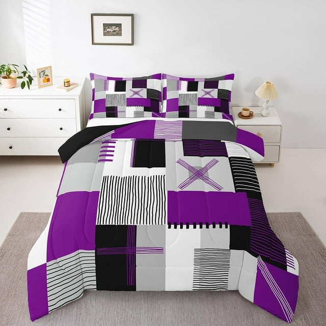 Erosebridal Geometric Stripe Bedding Sets Full with Comforter,Rectangle Lines Duvet Insert,Patchwork Decor,Reversible,Ultra Soft,3pcs