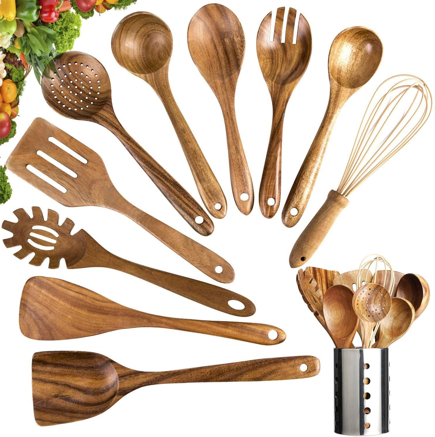 Bestomrogh 8-Piece Wooden Cooking Utensil Set Brown Three-Wire Spatula Colander Storage Non-Stick Barrel Cookware Kitchen Accessories Suitable for Cooking Natural Healthy Wooden Spoon 