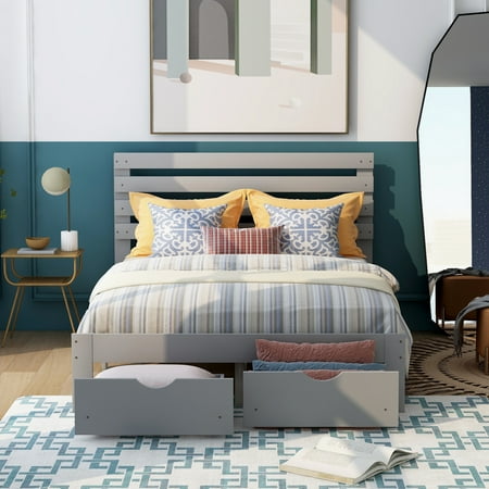 paproos Full Size Platform Bed with Drawer  Modern Wood Bed Frame with Storage  Strong Wooden Slats Support  Bedroom Full Bed Frame for Kids Boys Girls Teens  No Box Spring Needed  Gray