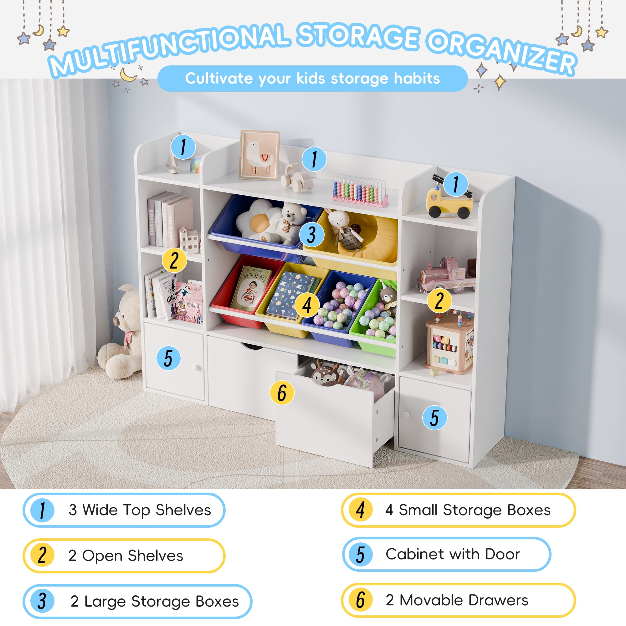 Reasea 6-Bin Toy Storage Organizer for Kids – 4-Tier Bookshelf with 6 Removable Cubbies & 2 Movable Drawers, Kids Toy Shelf for Playroom, Bedroom, Multicolor