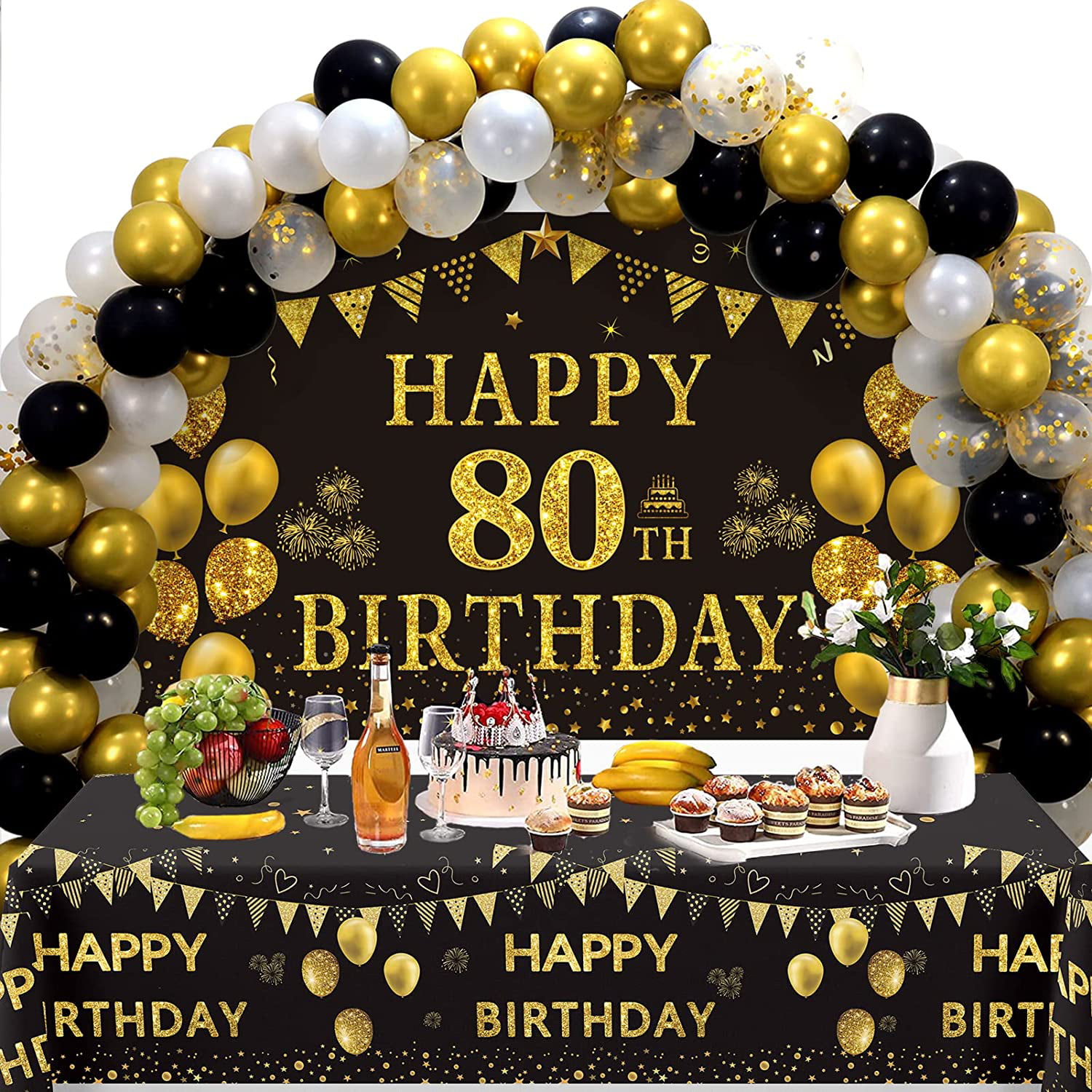 80th Birthday Decorations Men Women - Black Gold Happy 80 Birthday Backdrop Banner, 2 Pcs Happy Birthday Tablecloth, 60 Pcs Latex Confetti Balloons, 80 Years Old Birthday Party Supplies Gifts - Walmart.com
