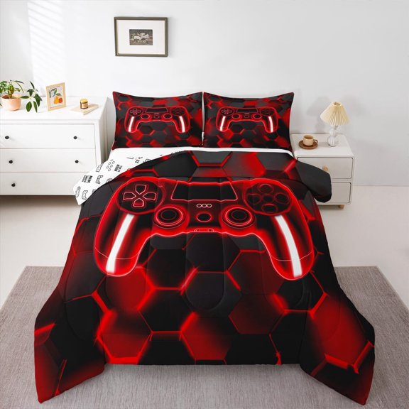 Erosebridal Gaming Gamepad Comforter Sets Twin Size, Neon Red Comforters & Duvets, Modern Video Game Reversible Duvet Insert, Breathable Room Decoration, 2pcs