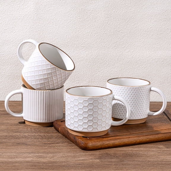 AmorArc 12OZ Stackable Coffee Mugs, Ceramic Coffee Cups with Texture Patterns for Man,Woman,Dad,Mom, Modern Coffee Mugs Set of 4 for Latte/Cappuccino/Cocoa. Dishwasher&Microwave Safe, Off White