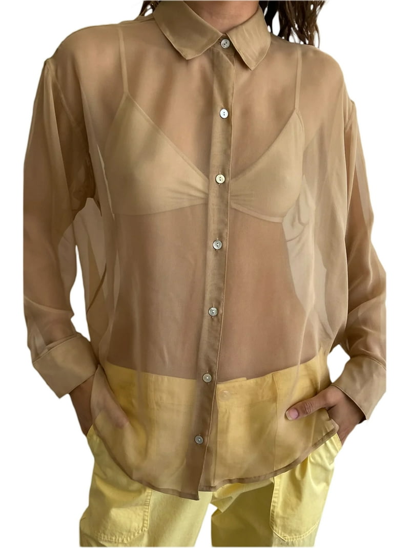 Women Sheer Button Up Blouse See Through Mesh Shirt Long
