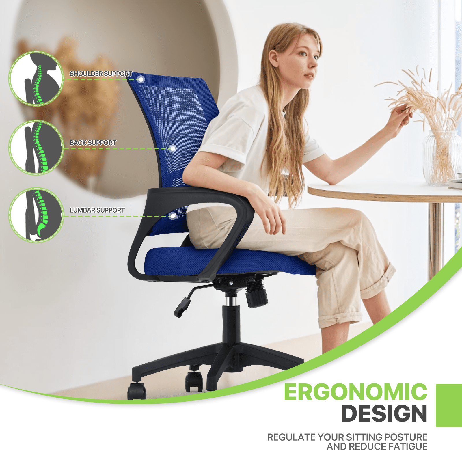 Magshion Set of 2 Office Chairs Mid Back Swivel Desk Chairs, Height Adjustable Ergonomic Mesh Computer Chairs with Armrest & Lumbar Support, Navy Blue