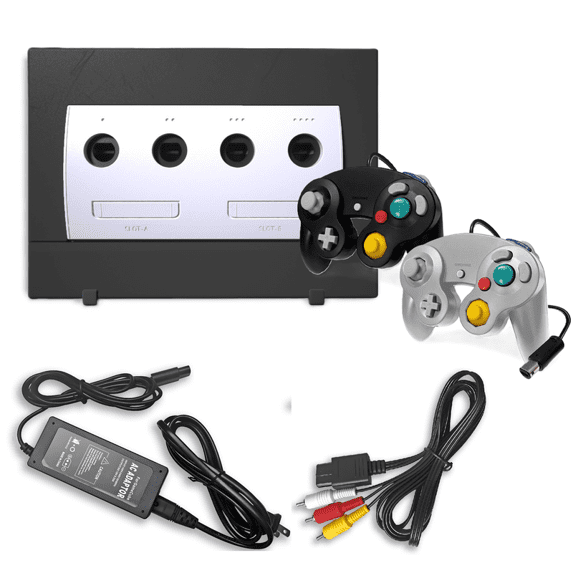 Restored Nintendo Gamecube Black Game Console with 2 Retrofam Black and Silver Controllers (Refurbished)