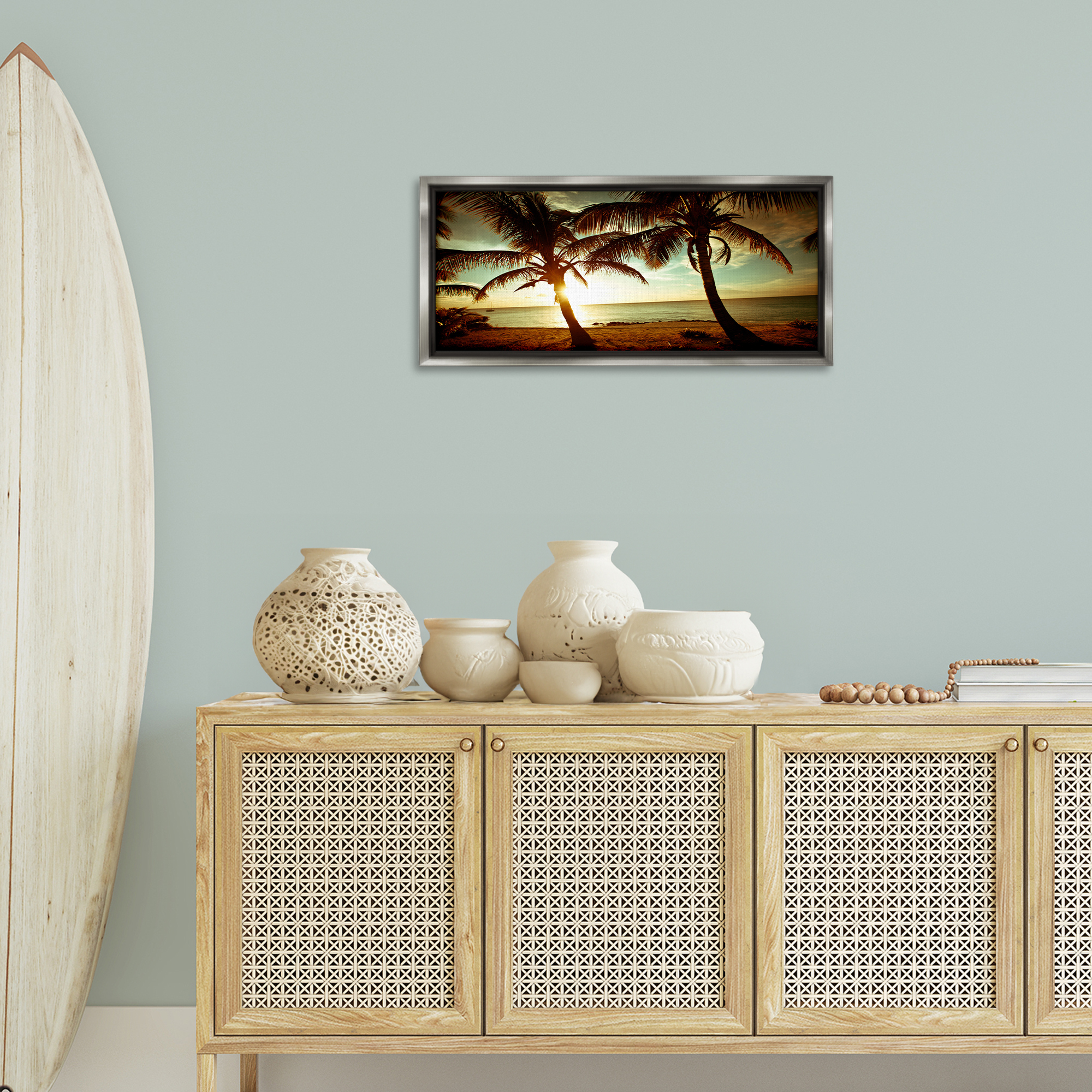 Stupell Industries Sunlit Palm Trees Coastal Photography Gray Floater Framed Canvas Art Print Wall Art, 31 x 14