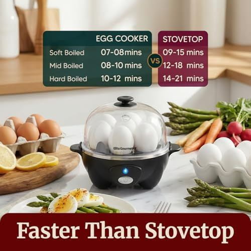 EGC-007B# Rapid Egg Cooker, 7 Easy-To-Peel, Hard, Medium, Soft Boiled Eggs, Poacher, Omelet Maker, Auto Shut-Off, Alarm, 16-Recipe Booklet, Black