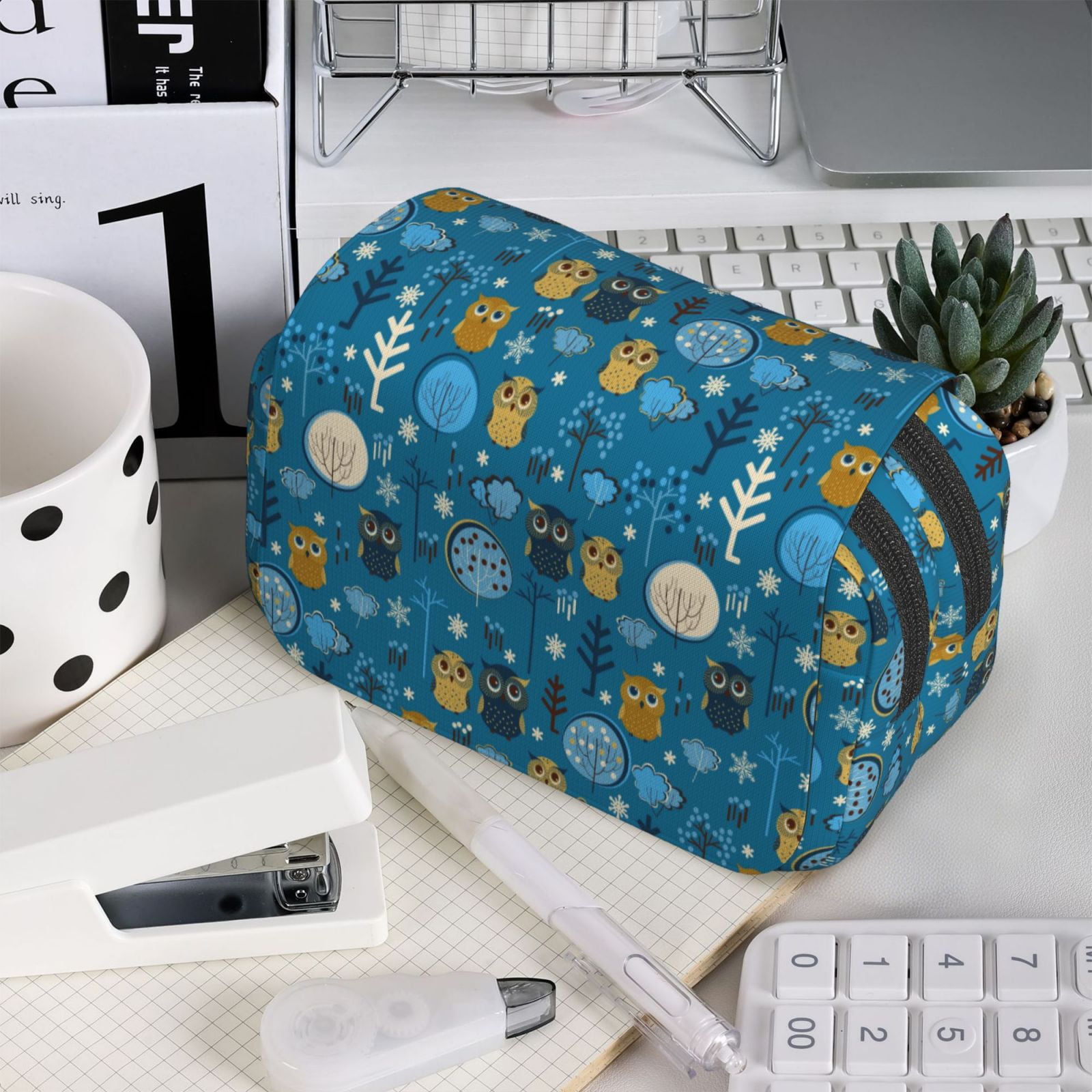 Rateoe Owls And Trees Pattern Double Clamshell Pen Case, Storage Organizer with Two Zipper Compartments– Holds Up to 50 Pencils & Pens