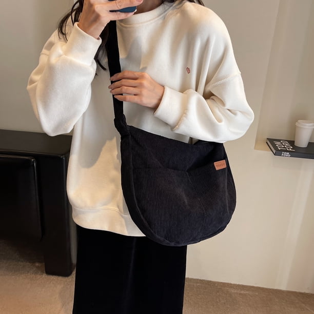 Bolso bandolera de pana para mujer Bolso de compras informal de media luna (negro)