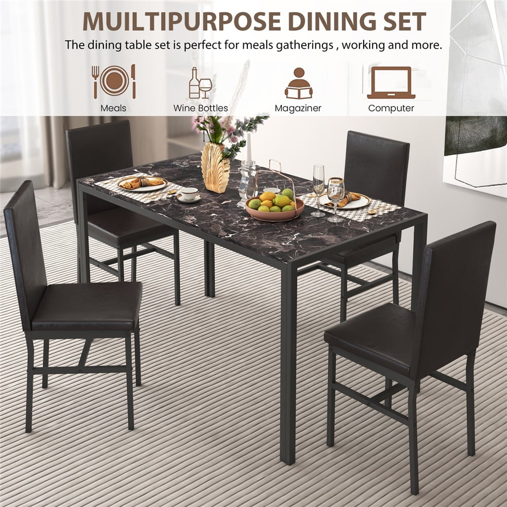 UHOMEPRO Dining Table Set for 4, 5 Piece Dining Room Table Set with Black PU Leather Chairs, Brown Faux Marble Pattern Rectangle Kitchen Table Set for Breakfast Nook Small Space