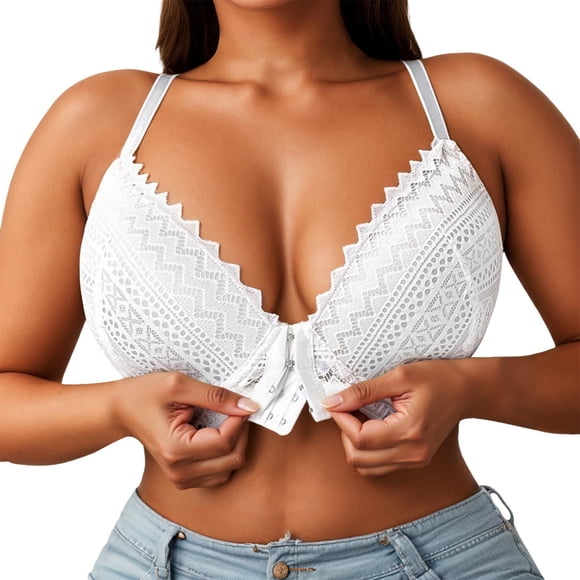 Arlun,2025 New Front Closure Bras for Women Push up Wireless Comfort Bralettes Soft Supportive Trendy Deep V Neck Lace Sheer Adjustable Lifting Bra for Everyday Wear White 95F