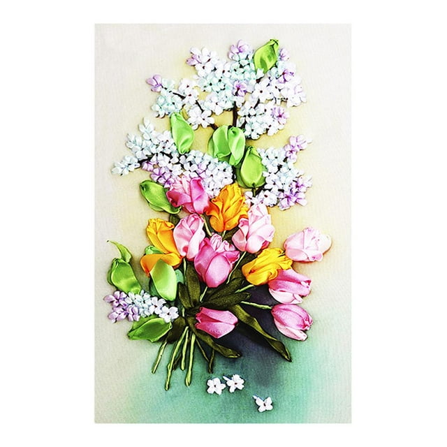 Silk Ribbon Embroidery stitch Diy Handmade Stick Tulips Flower Murals Oil Painting Ribbon Stitch Arts Craft Ribbon Embroidery