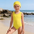 thumbnail image 2 of FINALGANG Girls 2 Piece Swimsuit Set Kids Solid Color One Piece Sleeveless Bathing Suit Matching Swim Cap For Training Performance Daily Wear Yellow 3-4 Years, 2 of 4