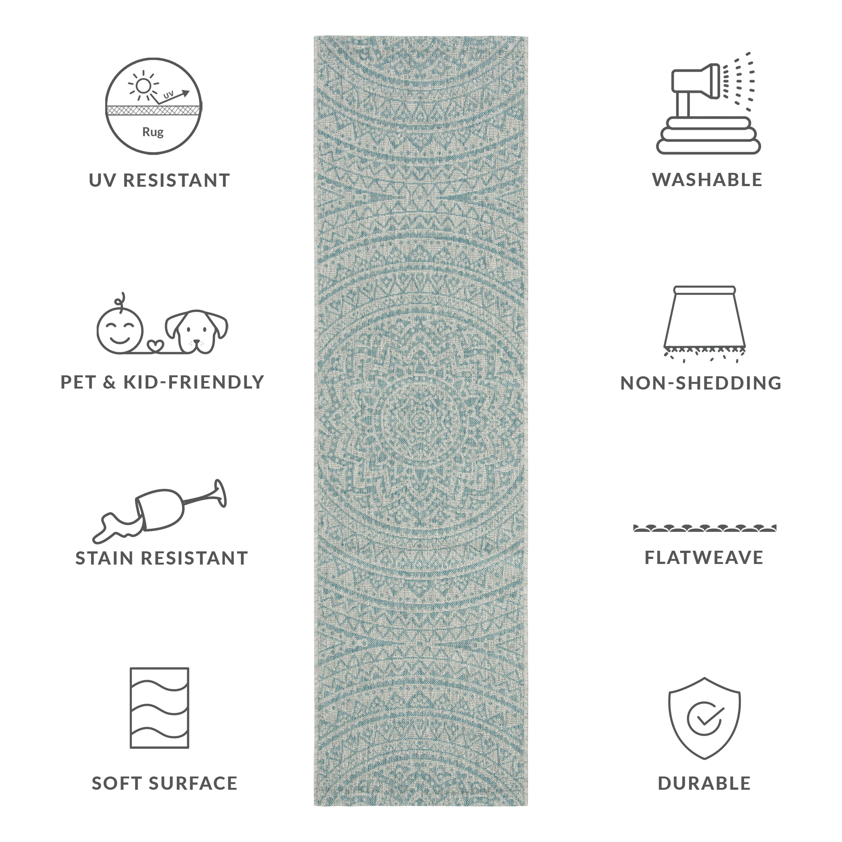 SAFAVIEH Courtyard Josiah Floral Medallion Indoor/Outdoor Runner Rug, Light Grey/Aqua, 2'3" x 16'