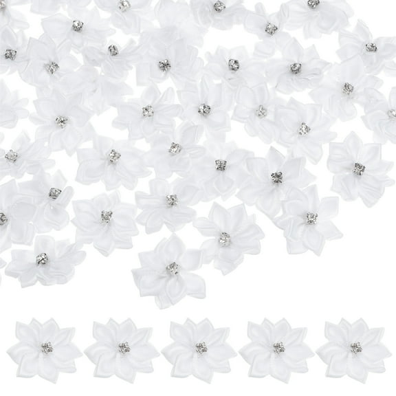 Uxcell 200-pack Satin Ribbon Flowers, 1.2 Inch Mini Fabric Flowers with Rhinestones for Crafts and DIY Projects White