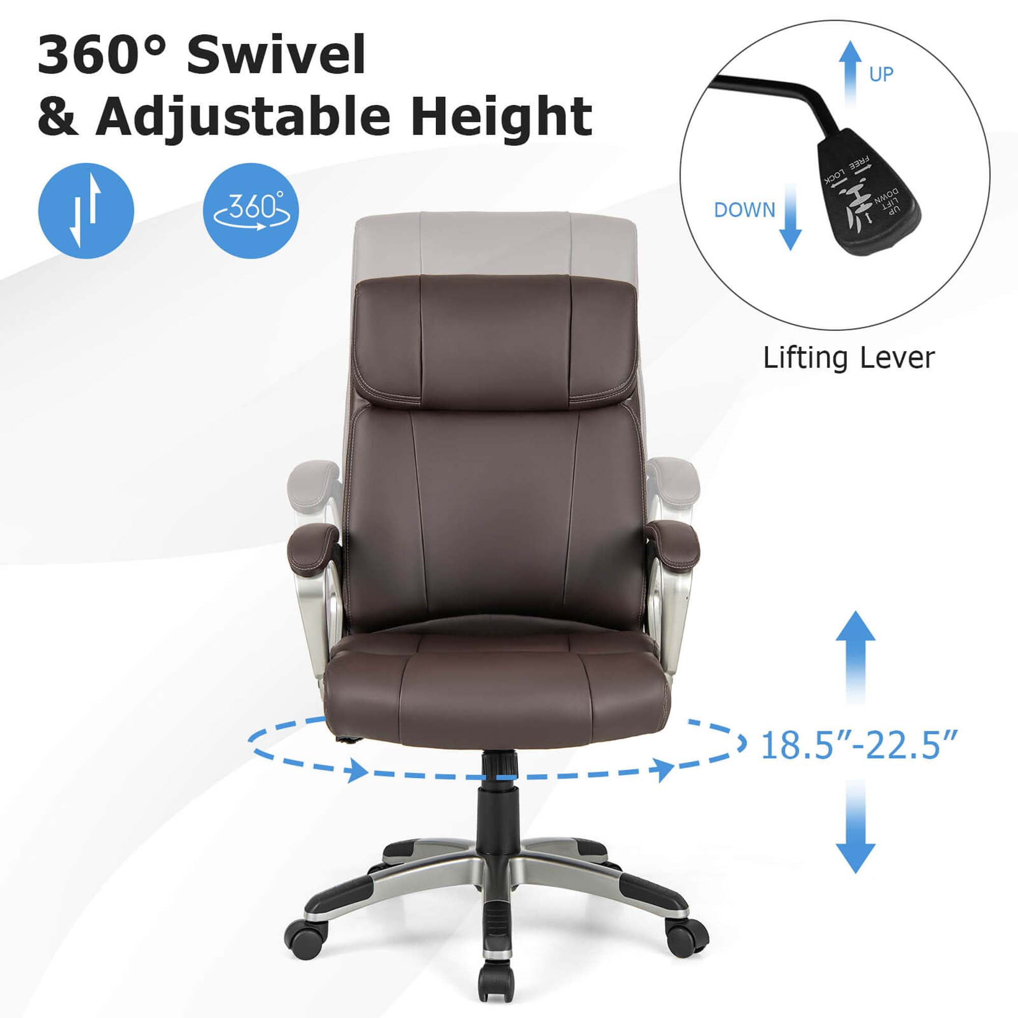 Costway Ergonomic Office Chair PU Leather Executive Swivel with Upholstered Armrests Brown