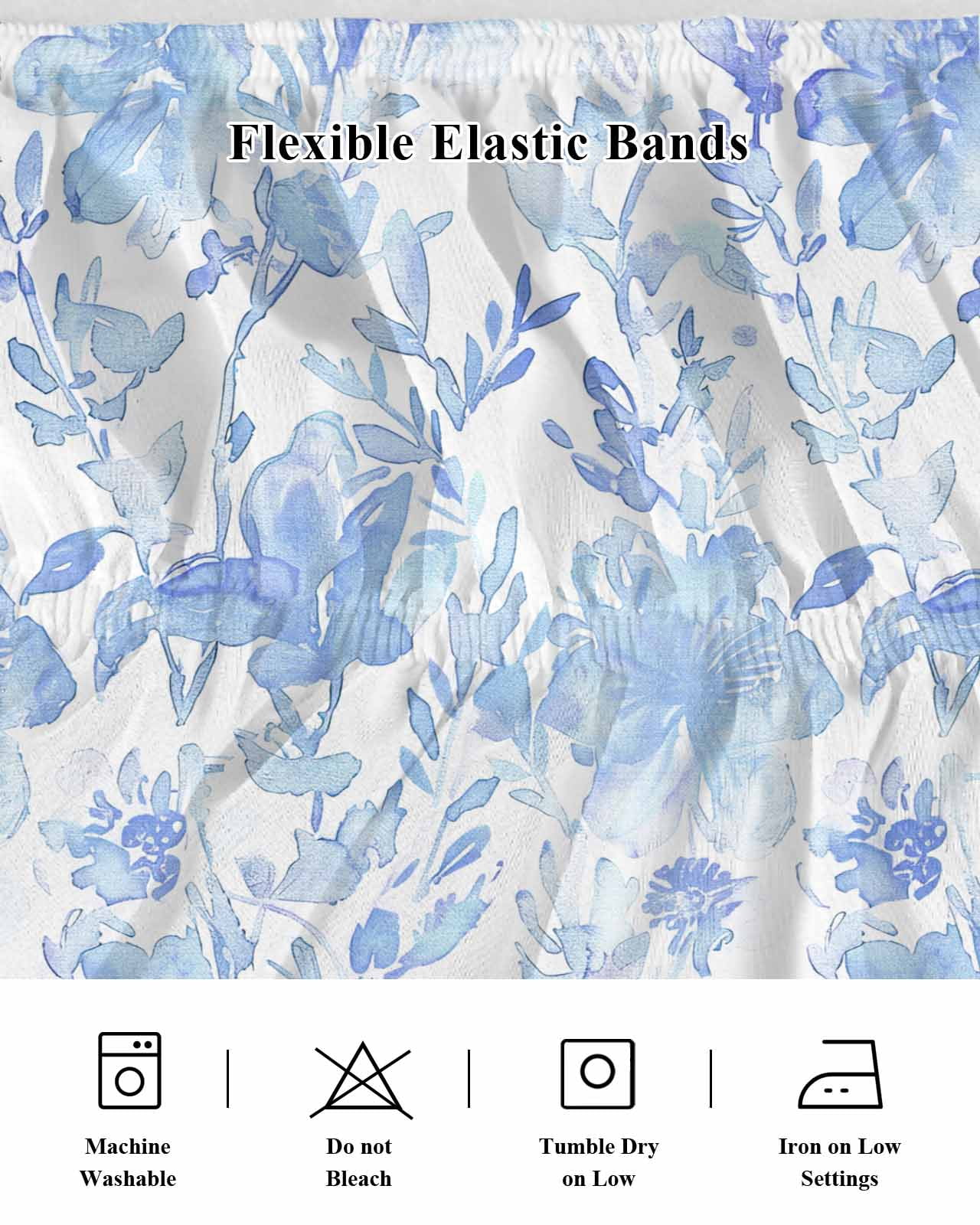 Abstract Blue Floral Bed Skirt Watercolor Plants Flowers Leaf Bed Skirts Queen Size 16 Inch Drop, Wrap Around Dust Ruffle&nbsp;Bedskirt with Adjustable Elastic Belt for Queen Size Beds