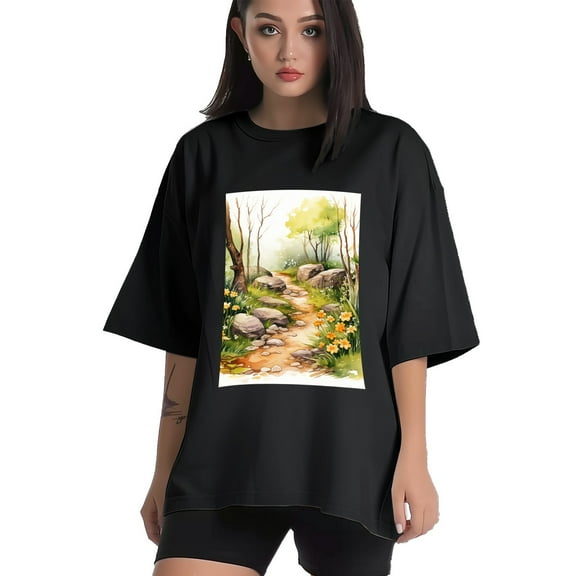 Plus Size Shirt for Women Black Tops for Women Short Sleeves Shirt for Women Nature Path T Shirt Crewneck Shirt for Women XS