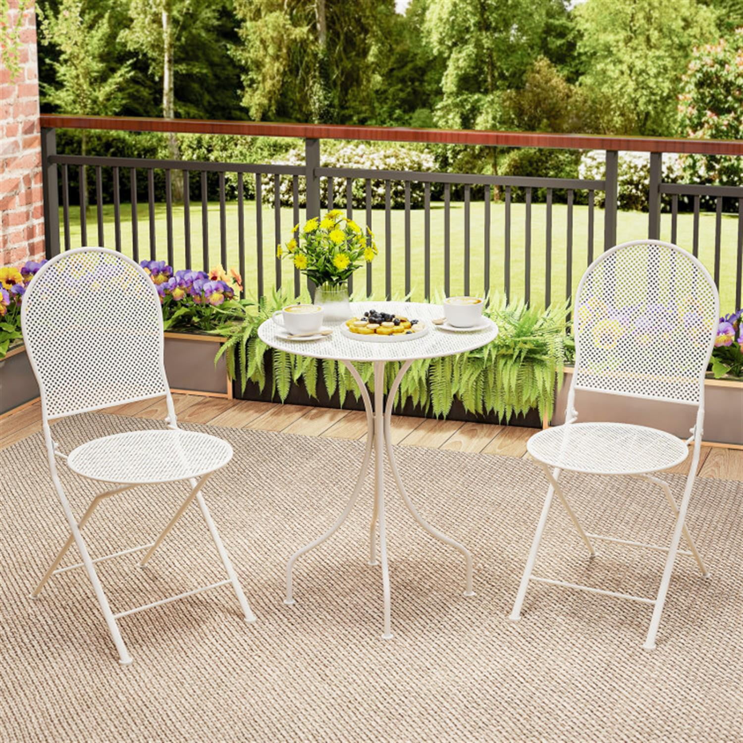 Demi Bonn 3 Piece Metal Bar Set with Patio Round Table and 2 Folding Chairs, Outdoor Bistro Sets Accent Furniture for Yard, Garden, White