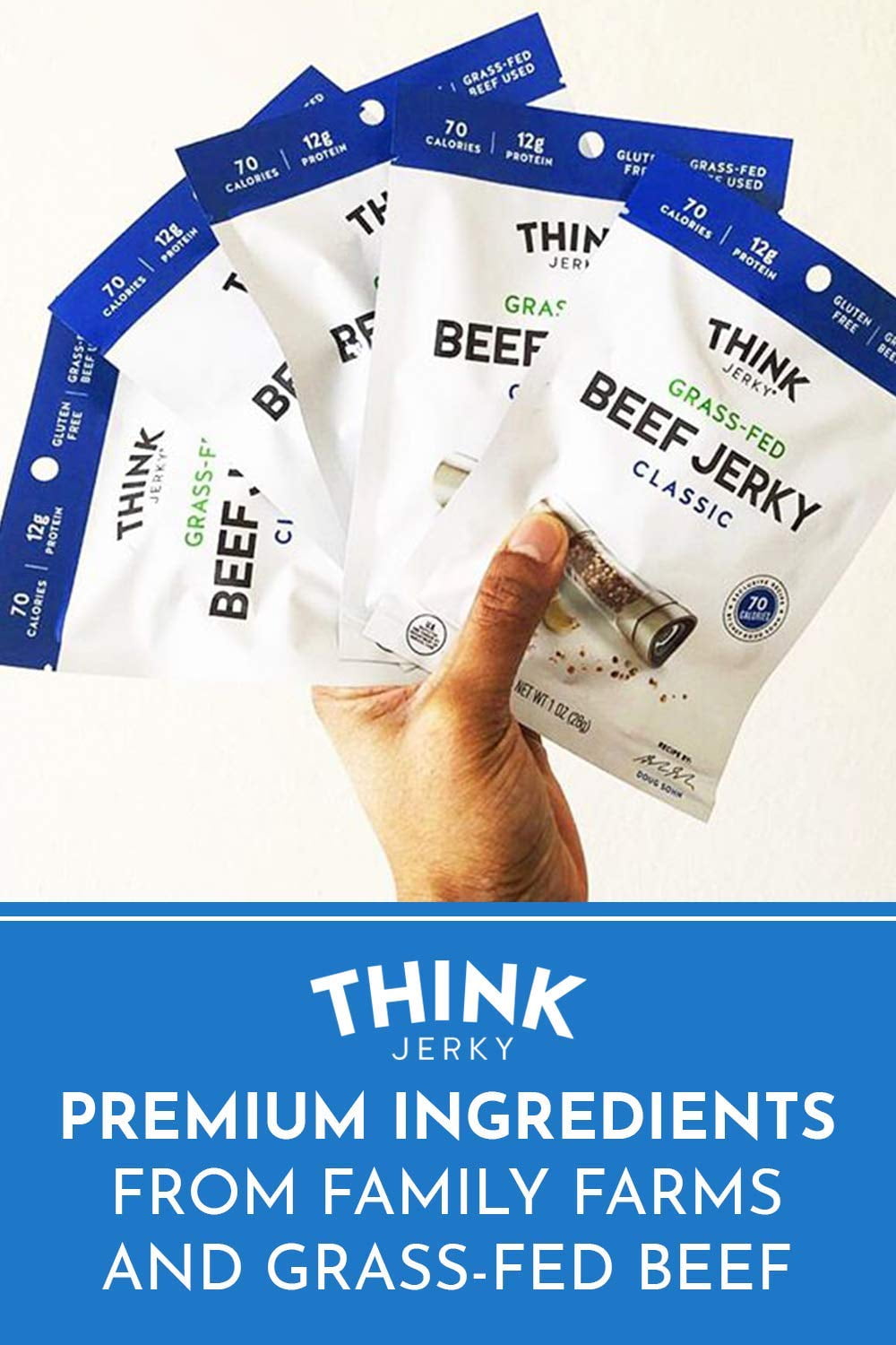 Think Jerky Classic Beef Jerky, Grass-Fed High Protein Beef Jerky, Gluten Free, No Antibiotics or Nitrates, Healthy Chef Crafted Recipe, Low Calorie and Low Fat - 2.2 oz Bags, 8 Pack
