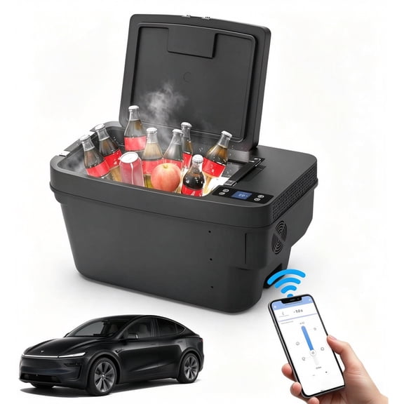 cooboom Car Refrigerator for Tesla Model Y 2019-2024, 12/24V DC Portable Freezer Cooler‌ for 2025-2026 Juniper/YL, -8℉~50℉, 35QT , APP Control