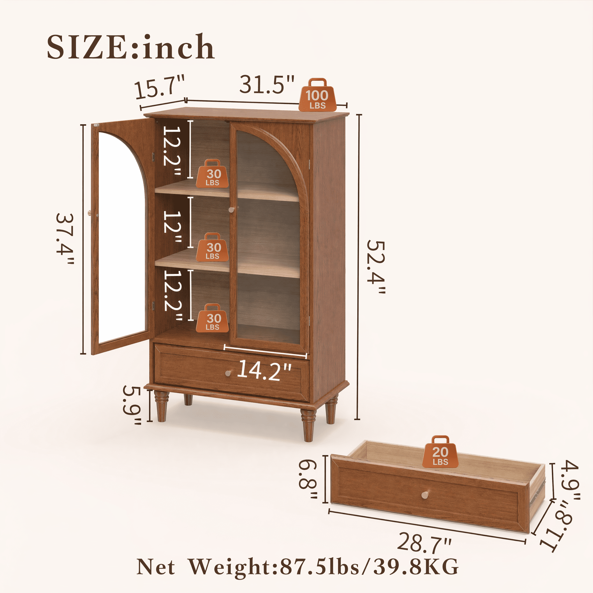Aukfa Buffet Pantry Cabinet,Arched Glass Door Wood Sideboard Storage Cabinet for Dining Room Hallway Entryway,Walnut