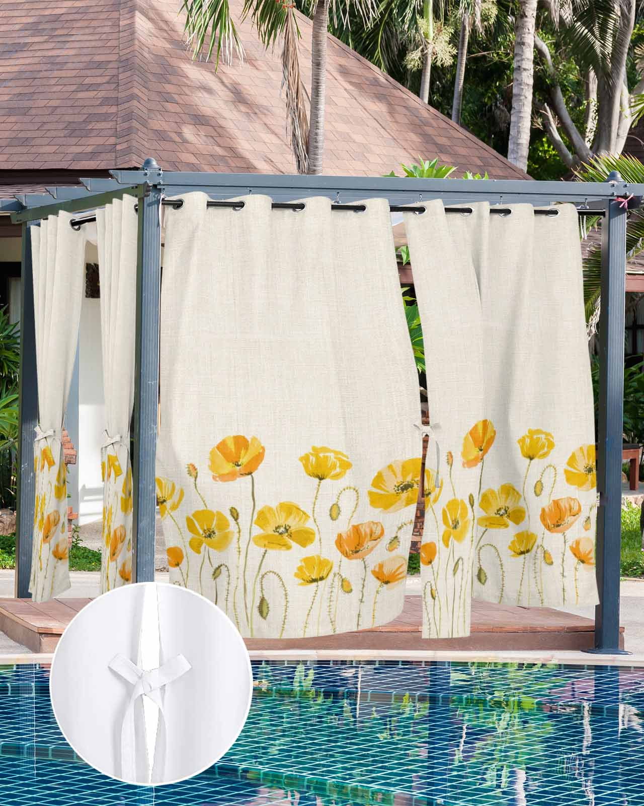 Yellow Flowers Outdoor Curtains for Patio, Farmhouse Botanical Watercolor Floral Privacy Drapes Grommet Waterproof Outside Curtains for Porch/Cabana/Balcony 54"x 95", 2 Panel