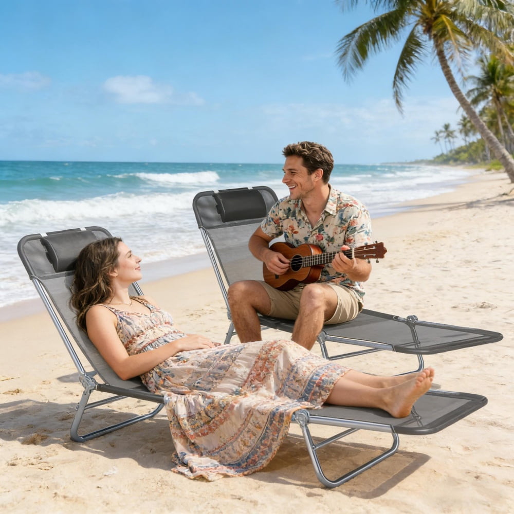 2-Pack Outdoor Tanning Sun Lounger 5-Position Adjustable Backrest Breathable Mesh Folding Pool Lounge Chair with Head Pillow for Patio Beach Poolside