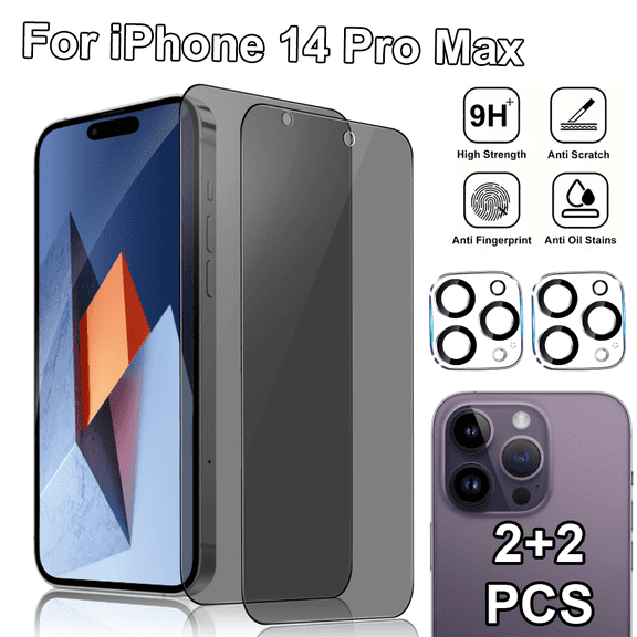 2 Pack For Iphone 14 Pro Max Privacy Screen Protector And 2 Pack Camera Lens Protector, 9H Hardness Tempered Glass, Anti Spy Anti Peeping,Touch Sensitivity, Anti-Fingerprint,Easy Installation,Bubble