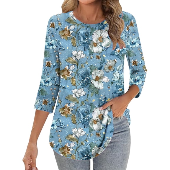Womens Crew Neck Shirts 3/4 Sleeve Blouses Tunics Top Floral Printed Shirts Fashion 2026 Basic Tops Going Out Outfits Y2K Clothes