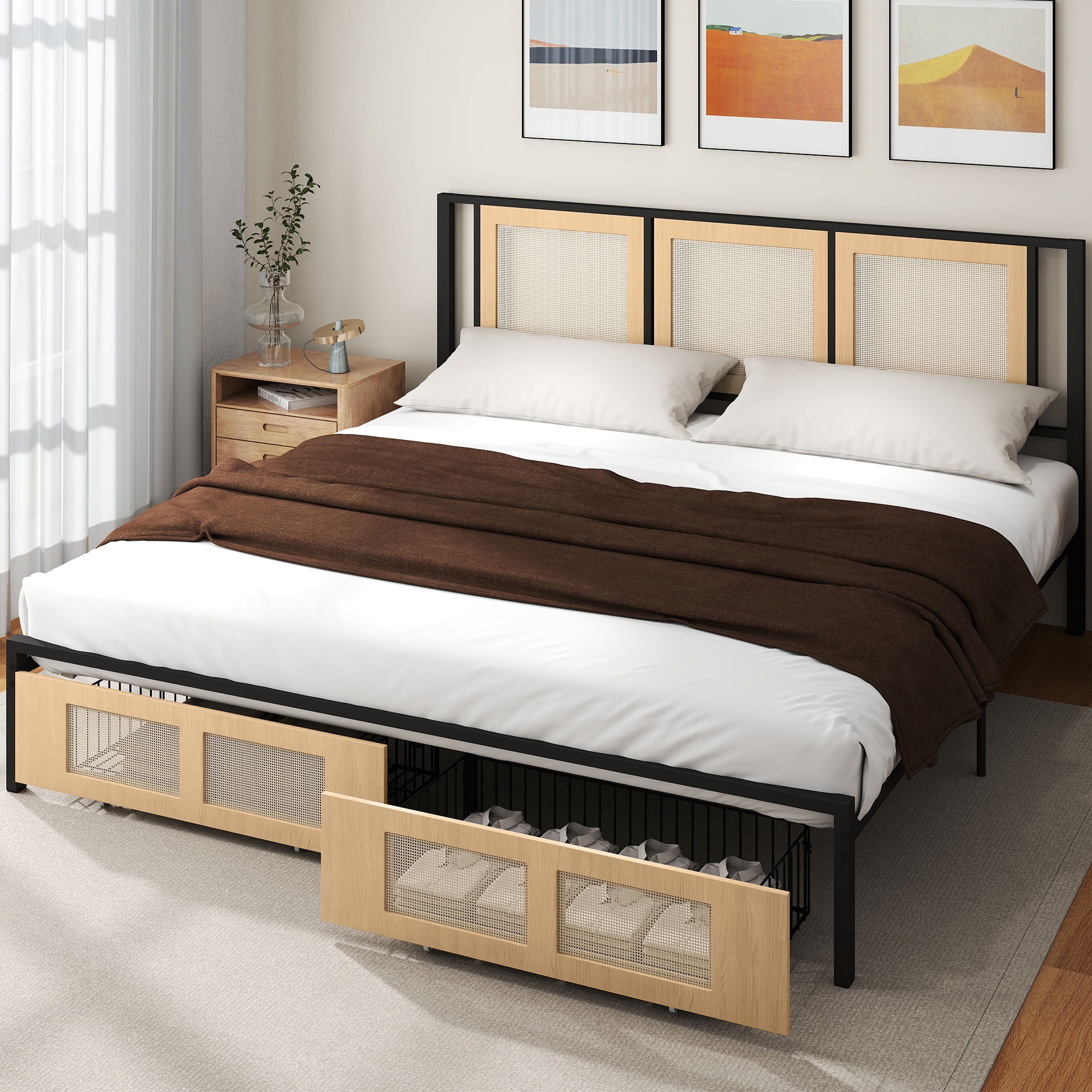 Uforic Boho King Size Bed Frame with Hand-Woven Rattan Design, Dual Storage Drawers, and Noise-Free Metal Slat Support, No Box Spring Required