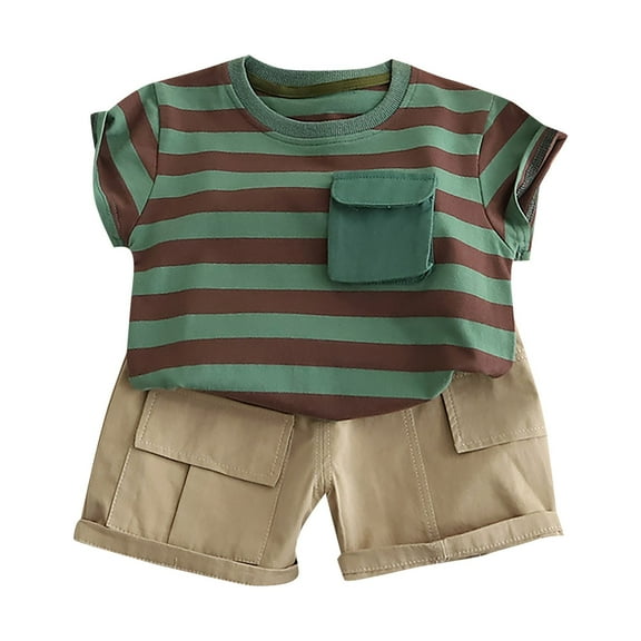 LNMQLPDBS Toddler Boy Short Sets Striped Color Block Print Short Sleeve Crewneck T Shirt with Chest Pocket Solid Shorts 2pcs Outfits Trendy Summer Suit 18 Months Boy Clothes for Daily