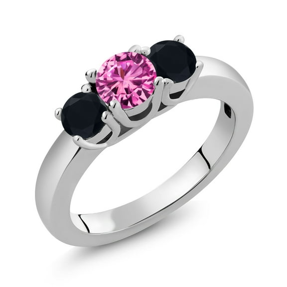 Gem Stone King 0.99 Ct Round Pink Created Sapphire Black Onyx 925 Sterling Silver Ring (Size 9)