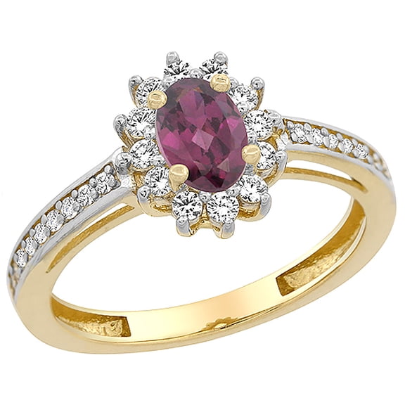 14K Yellow Gold Natural Rhodolite Flower Halo Ring Oval 6x4mm Diamond Accents, size 8.5