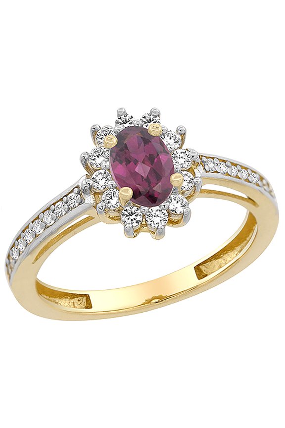 14K Yellow Gold Natural Rhodolite Flower Halo Ring Oval 6x4mm Diamond Accents, size 9